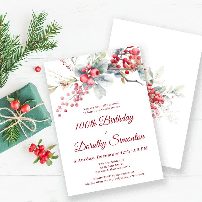 Elegant Winter Berry Botanical 100 Birthday Inbjudningar (Skapare uppladdad)