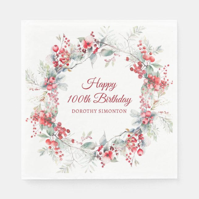 Elegant Winter Berry Botanical 100 Birthday Pappersservett (Framsidan)