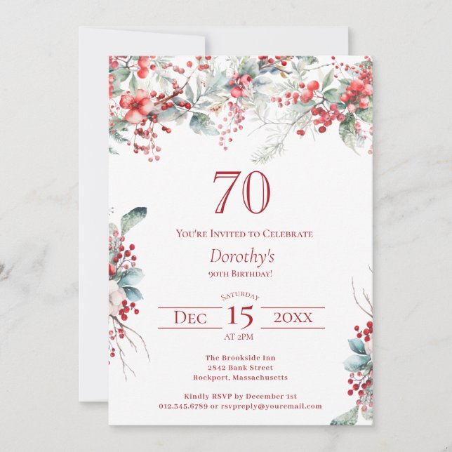 Elegant Winter Berry Botanical 70 Birthday Inbjudningar (Framsida)