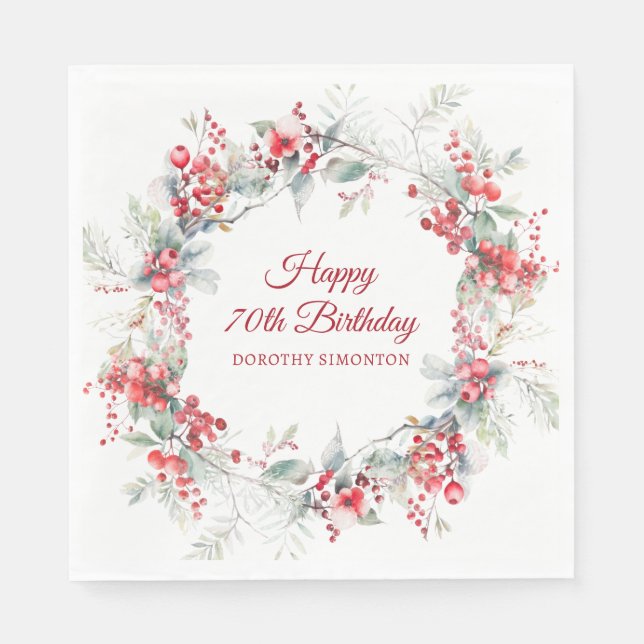 Elegant Winter Berry Botanical 70 Birthday Pappersservett (Framsidan)