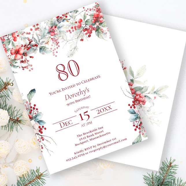 Elegant Winter Berry Botanical 80 Birthday Inbjudningar (Skapare uppladdad)