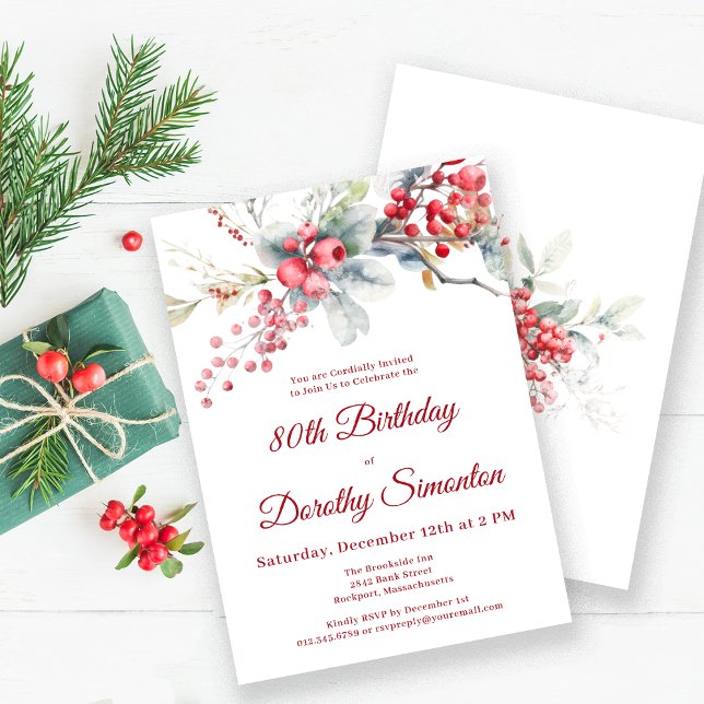 Elegant Winter Berry Botanical 80 Birthday Inbjudningar (Skapare uppladdad)