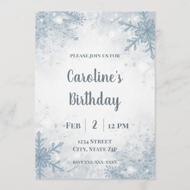 Elegant Winter Birthday Invitation – Snowflakes Inbjudningar (Framsida)