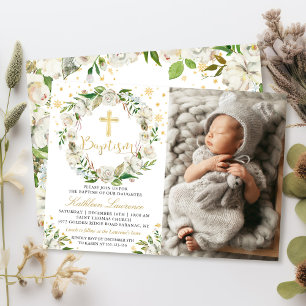 Elegant Winter Blommigt Girl Baptism Photo Inbjudningar