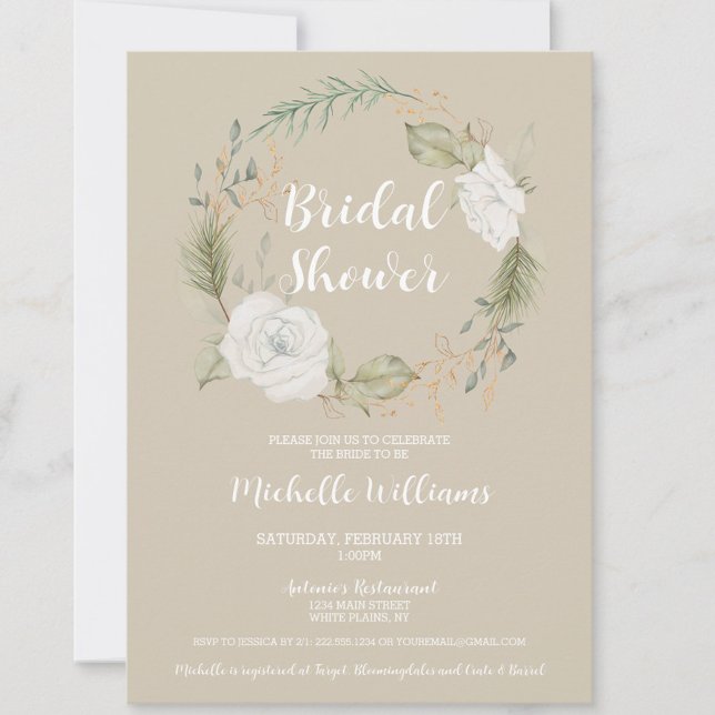 Elegant Winter Blommigt Möhippa för andning Inbjudningar (White Floral Wreath Bridal Shower Invitation, Cream, Taupe, Beige, Neutral, Invite, Classic)