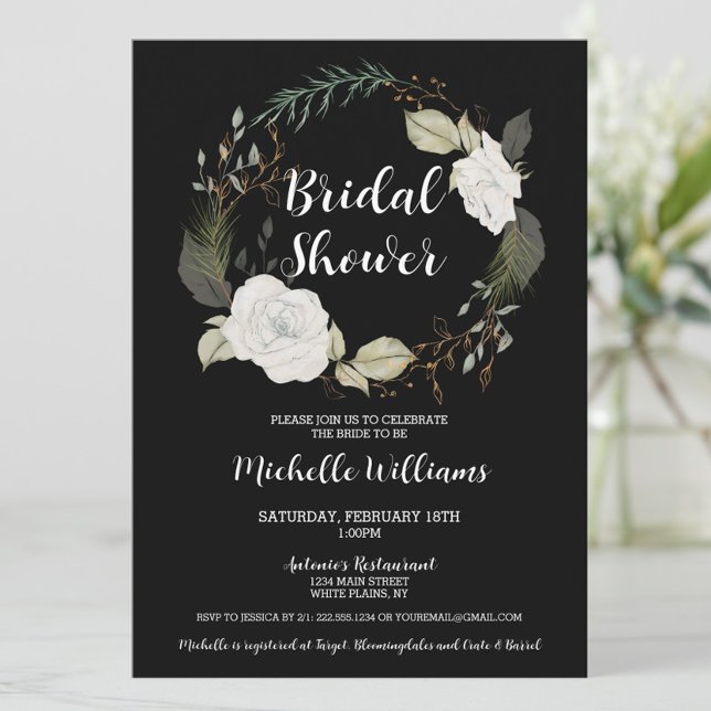 Elegant Winter Blommigt Möhippa för andning Inbjudningar (Elegant Black and White Floral Bridal Shower Invitation)