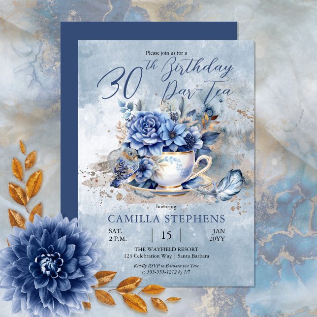 Elegant Winter Blommigt Tekopp 30års födelsedag Pa Inbjudningar (Create a magical birthday celebration with this beautiful blue winter floral teacup and bird design.)