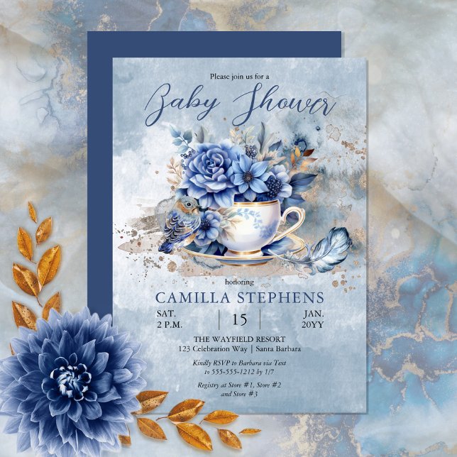 Elegant Winter Blommigt Tekopp Baby Shower Inbjudningar (Create a magical baby celebration with this beautiful blue winter floral teacup and bird design.)