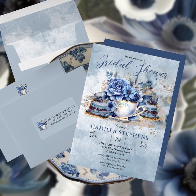 Elegant Winter Blommigt Tekopp Möhippa Inbjudningar (Elegant Victorian Blue Floral Bridal Shower Tea Party Invitation)