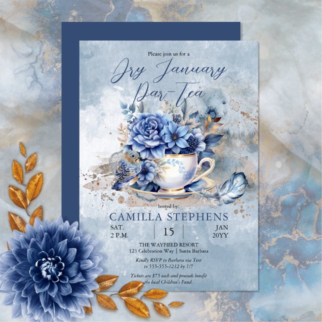 Elegant Winter Blommigt Tekopp Torry Januari Par-T Inbjudningar (Elegant Winter Floral Teacup Dry January Par-Tea Party Celebration)