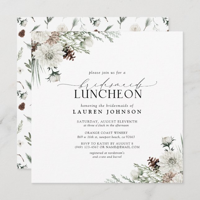 Elegant Winter Blommigt Watercolor Möhippa Luncheo Inbjudningar (Fram/baksida)