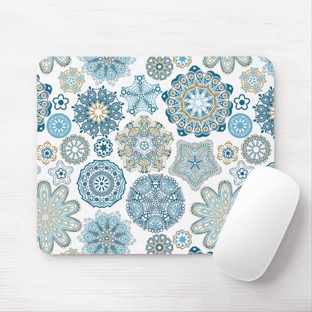 Elegant Winter Blue Fantasy Snö Flakes Mönster Musmatta (Med mus)