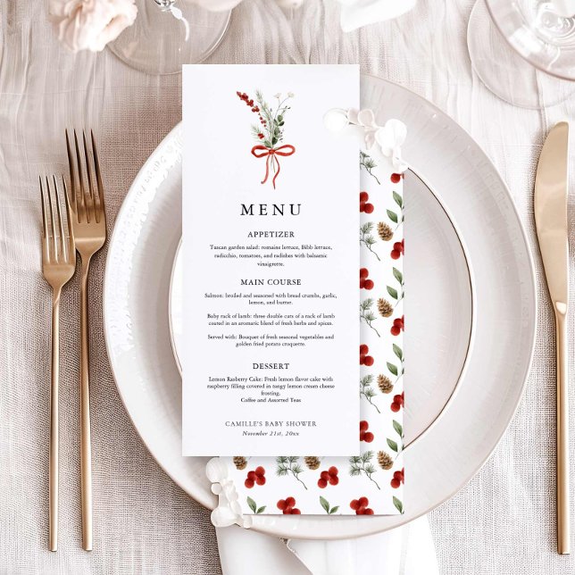 Elegant Winter Botanical Baby Shower-meny Meny (Elegant Winter Baby Shower Menu card)