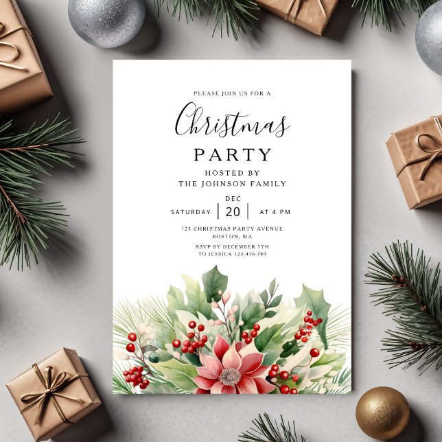 Elegant Winter Botanical Christmas Party  Inbjudningar (Elegant Winter Botanical Christmas Party Invitation)