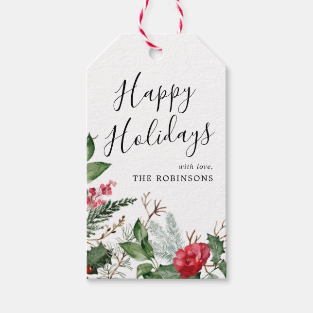 Elegant Winter Botanical Foliage Glad helg Presentetikett (Framsidan)