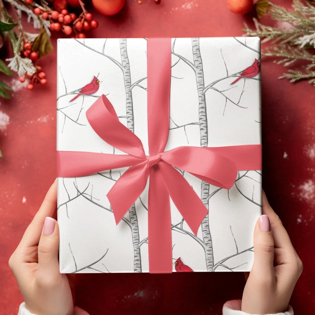 Elegant Winter Botanical Red Cardinal Birch Träd Presentpapper (Simple elegant red cardinal wrapping paper with woodland birch trees)