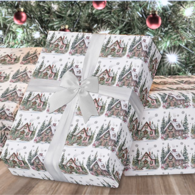 Elegant Winter Cabin-jul Presentpapper (Elegant Winter Cabin Christmas Wrapping Paper)