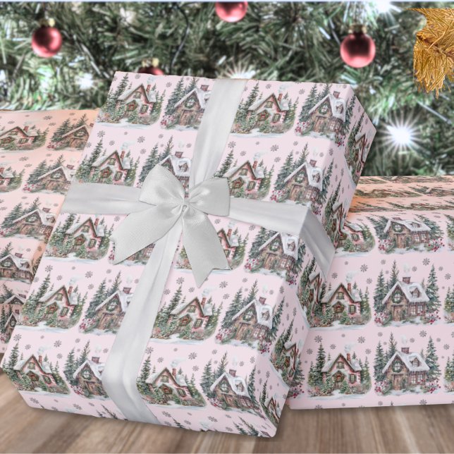 Elegant Winter Cabin  Rosa jul Presentpapper (Elegant Winter Cabin Blush Pink Christmas Wrapping Paper)