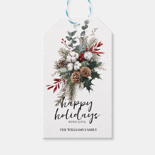 Elegant Winter Cotton & Pinecone Holiday Gift Tag Presentetikett (Framsidan)