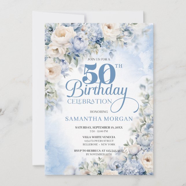 Elegant Winter Dusty Blue och Ivory Flowers Inbjudningar (Framsida)