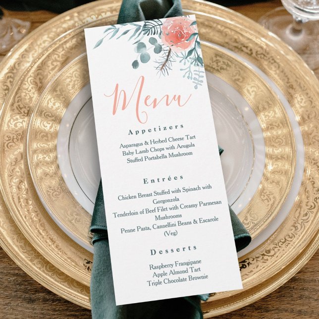 Elegant Winter Eucalyptus Food Menu Inbjudningar (elegant pink light green eucalyptus leaves pine needles winter wedding reception dinner menu)