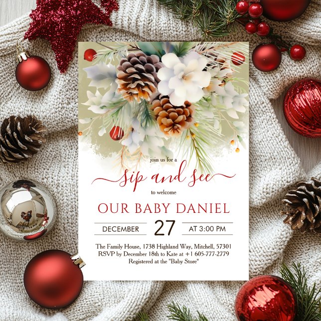Elegant Winter Evergreen Baby Shower Sip & See Inbjudningar (Elegant Winter Evergreen Baby Shower Sip & See Invitation)