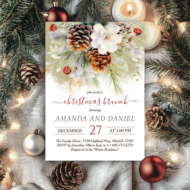 Elegant Winter Evergreen jul Brunch Inbjudningar (Elegant Winter Evergreen Christmas Brunch Invitation)
