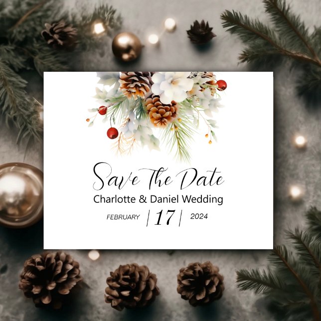 Elegant Winter Evergreen och Rowan Berries Bröllop Spara Datumet (Winter Evergreen and Rowan Berries Wedding Save The Date)