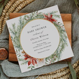 Elegant Winter Evergreen Poinsettia Baby Shower Inbjudningar