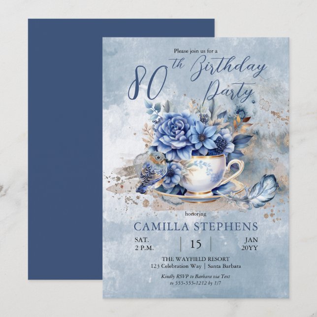 Elegant Winter Floral Teacup 80th Birthday Party Inbjudningar (Fram/baksida)