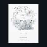 Elegant Winter Foliage Bröllop spara datum Meddelande Vykort<br><div class="desc">Denna elegant med vinternsmusslor och löv mot bakgrund av en vattenfärgad skog är perfekt för ett festligt bröllop! Den svarta serif-typografin är lätt personlig,  och som speciell beröring är den i huvudrubriken i ett samordnande bär och frostigt stil till huvuddekorationen.</div>