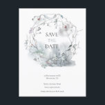 Elegant Winter Foliage Bröllop spara datum Meddelande Vykort<br><div class="desc">Denna elegant med vinternsmusslor och löv mot bakgrund av en vattenfärgad skog är perfekt för ett festligt bröllop! Den svarta serif-typografin är lätt personlig,  och som speciell beröring är den i huvudrubriken i ett samordnande bär och frostigt stil till huvuddekorationen.</div>