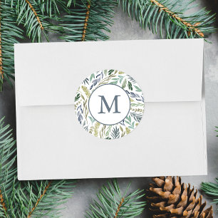 Elegant Winter Foliage Helgdag Monogram Runt Klistermärke