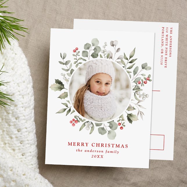 Elegant Winter Foliage och Holly Berries Photo Helg Vykort (Skapare uppladdad)