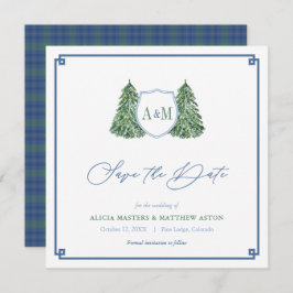 Elegant Winter Forest Bröllop Monogram Tartan Spara Datumet