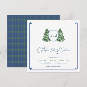 Elegant Winter Forest Bröllop Monogram Tartan Spara Datumet