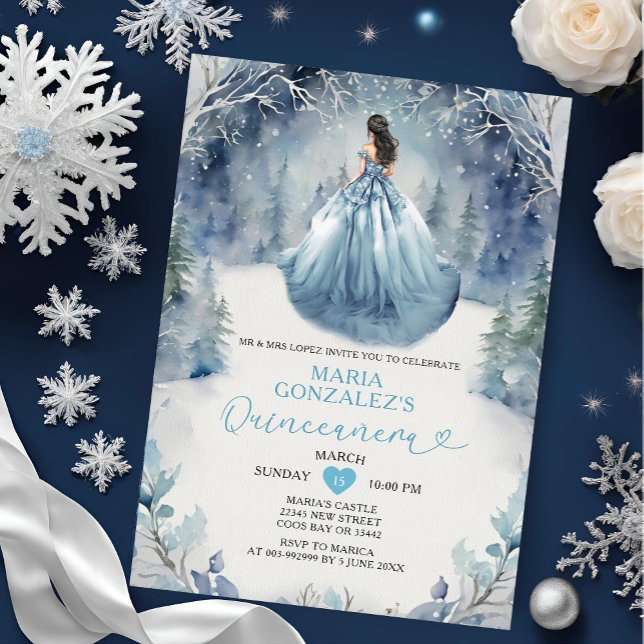 Elegant Winter Forest Dusty Blue Dress Quinceañera Inbjudningar (Skapare uppladdad)