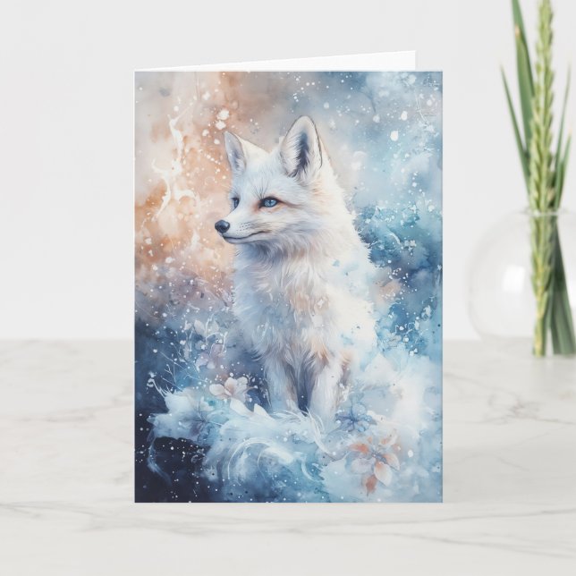 Elegant Winter Fox Amid Snowy Flowers Kort (Framsida)