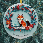 Elegant Winter Fox-naturen som behandlas i God jul Julgransprydnad Keramik<br><div class="desc">En mycket söt julprydnad i akvblått, med illustration av en räv på vintern med blommor, träd och snö. Bild är platt yta om prydnadsväxten, men ge illusionen av en detaljerad papperseffekt som gör att extra lever på djur och växter. "God jul i hälsning visas på en vit "banderoll", och under...</div>