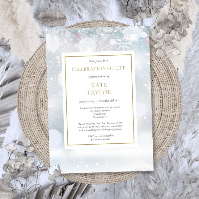 Elegant Winter Funeral Firande of Life Inbjudningar (Elegant Winter Funeral Celebration of Life Invitation)