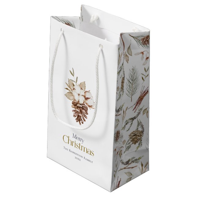 Elegant Winter Gift Bag med Pinecones (Baksidan Vinklad)