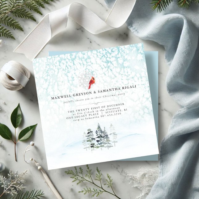 Elegant Winter Gräs jul Party Inbjudningar (Christmas party invitations watercolor pine trees red cardinal wintery scene minimalistic)