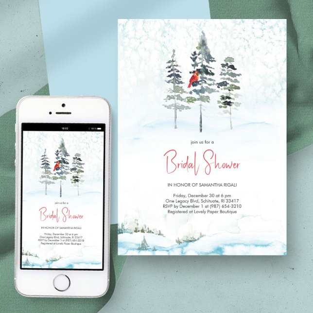 Elegant Winter Gräs-Möhippan Jul Inbjudningar (Bridal shower invitations watercolor winter pine trees and snow in blue)