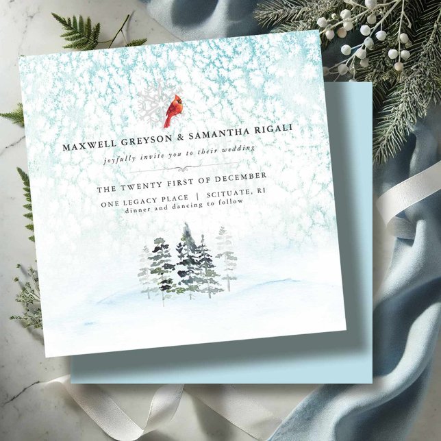 Elegant Winter Gräs Mountain Bröllop Inbjudningar (Mountain wedding invitations elegant wintery scene with pine trees and a cardinal in shades of blue)