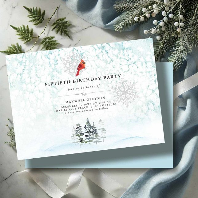 Elegant Winter Gräs Watercolor Birthday Inbjudan (50th Birthday invitations winter wonderland pine trees, cardinal and snow)