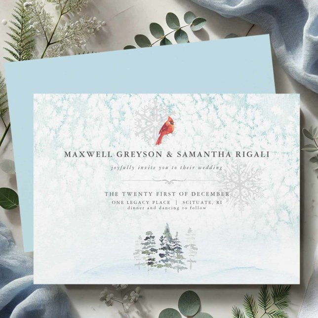 Elegant Winter Gräs Watercolor Bröllop Inbjudningar (Blue wedding invitations watercolor winter scene with red cardinal.)