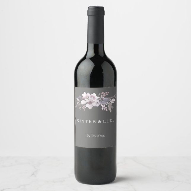 Elegant Winter Grått Blommigt Bröllop Vin-etikett Vinflaska Etikett (Framsida)