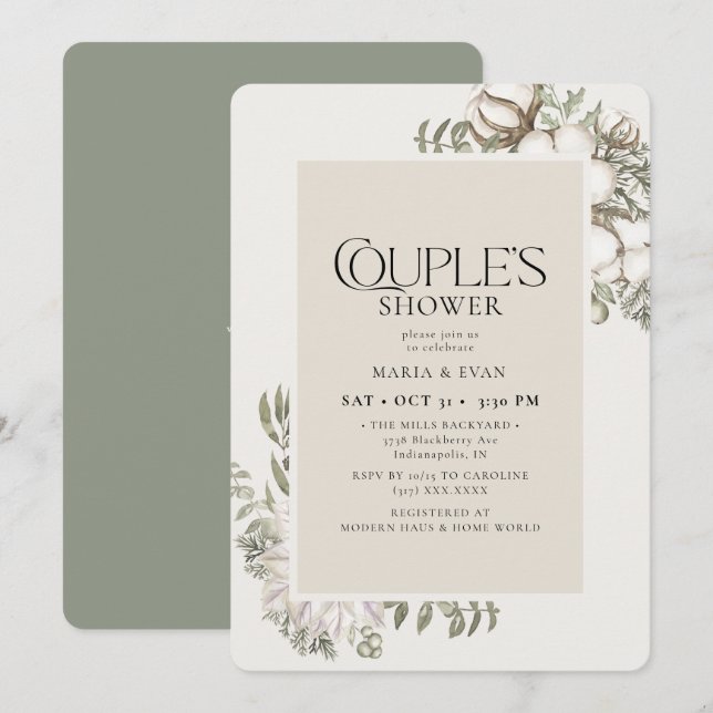 Elegant Winter Greenery Blommigt Couples Shower Inbjudningar (Fram/baksida)