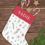 Elegant Winter Greenery Botanical White Stor Julstrumpa<br><div class="desc">Den här eleganten har vi ett vackert mönster av eucalyptus,  bär och löv över en klassisk vit bakgrund. Anpassa lagret med ditt eget namn eller initialer. Gör en underbar gåva till familj och vänner!</div>