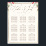 Elegant Winter Greenery Bröllop-sittdiagram Poster<br><div class="desc">Styr dina gäster till deras platser med vår sittplatsplan. Med en beige bakgrund som är försedd med vinter-grön,  hollybär,  gräs-koner och bladverk överst,  tillkännages "Ta ett säte" i chicens manustypografi,  med platshållare för 9 bord.</div>